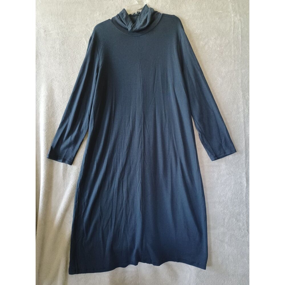 J Jill Pure Luxe Tencel Maxi Dress Lg Blue Turtleneck Long Minimalist Lagenlook